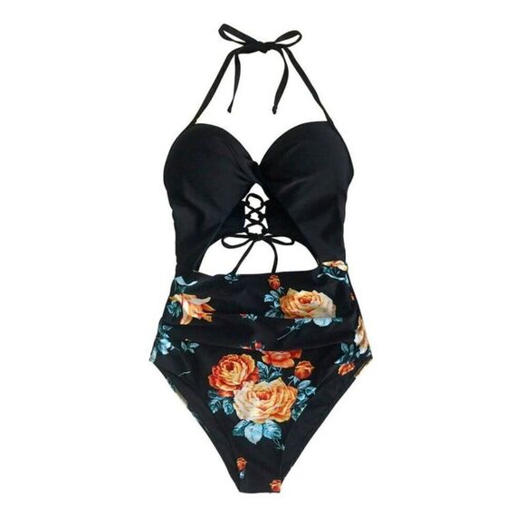 NWT Cupshe Black Floral Print Halter One Piece Vacation Swimsuit Size Small - Picture 14 of 16